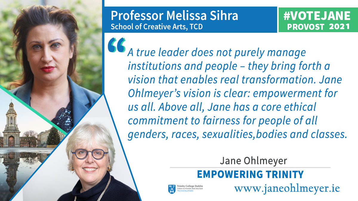 (7/17) However, we can only change our environment if we change our culture and attitudes. If elected, I’ll champion a values-driven culture where inclusion, accessibility, diversity, equality and sustainability are more than buzzwords. All means all!  #TCDProvost2021  #VoteJane