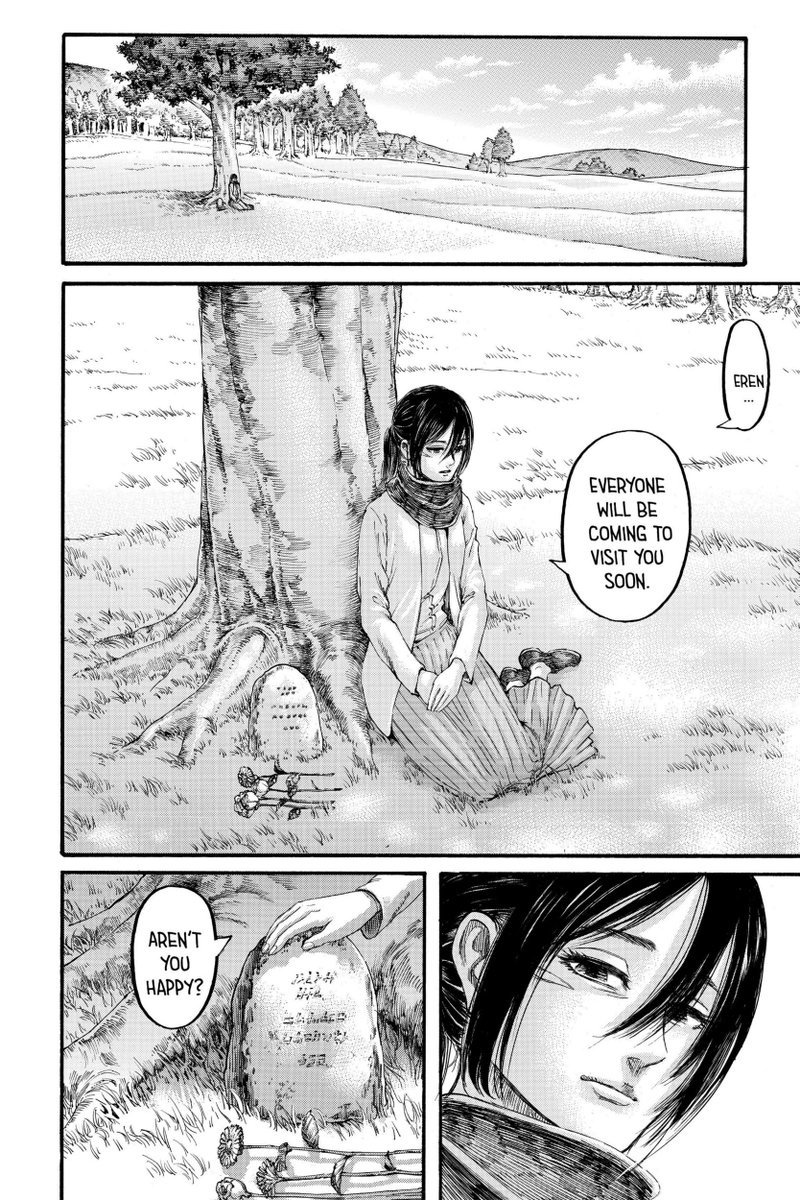 Sementara itu di Paradise, dibawah pohon tempat favorite Eren untuk tidur siang, tampak Mikasa sedang duduk seorang diri dengan satu batu nisan kecil yg sudah kita tebak itu adalah nisan dari kepala Eren. Disana terdapat 3 tangkai bunga (mungkin simbol tahun ke-3)   #aot139spoilers