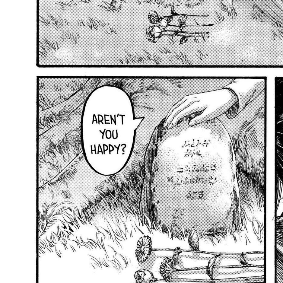 Sempat ada informasi mengenai tulisan yang tertera di batu nisan Eren tersebut. Disana dituliskan ;Selamanya DisiniBeristirahat Dalam DamaiKekasihkuSayangku854Kemungkinan besar Mikasa sendiri yang memahat tulisan tersebut.  #aot139spoilers