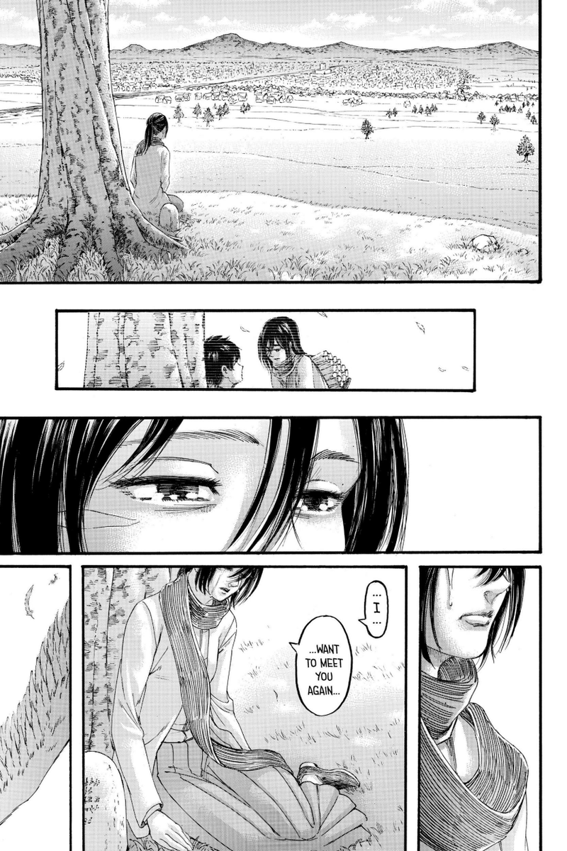 Di tengah kesendiriannya, Mikasa mengenang hari-hari saat ia selalu membangunkan Eren yg tidur siang di tempat tersebut. Mikasa mendadak menrindukan kehadiran Eren, dan tanpa disadari gadis itu menangis. Ia mengatakan betapa dirinya ingin bertemu dgn Eren lagi.  #aot139spoilers
