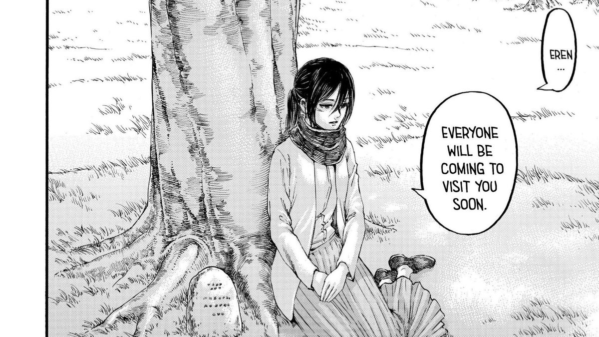 Mikasa mengatakan kepada "Eren" bahwa teman-teman mereka nanti akan segera tiba (Armin, dkk). Seperti yg kita tau, Mikasa kemungkinan (mungkin) besar lebih dulu kembali ke Paradise dgn menumpang sekoci Azumabito.  #aot139spoilers