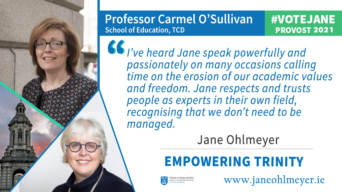 (8/17) When it comes to being Provost, leadership is everything. In every leadership role I have held, whether as Chair of the  @IrishResearch or VP for Global Relations, I have shown that I get things done and bring people with me  #TCDProvost2021  #VoteJane