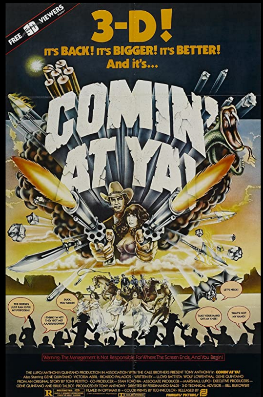 AngusKohm's tweet photo. #3DThursday
Comin' at Ya! (1981) by #FerdinandoBaldi
w/ #TonyAnthony #VictoriaAbril
Outlaws kidnap a bride during her wedding.
"3-D! It's Back! It's Bigger! It's Better!"
"Warning: The Management Is Not responsible For Where The Screen Ends And You Begin!"
#3D #Western https://t.co/zeWKQPWO0w