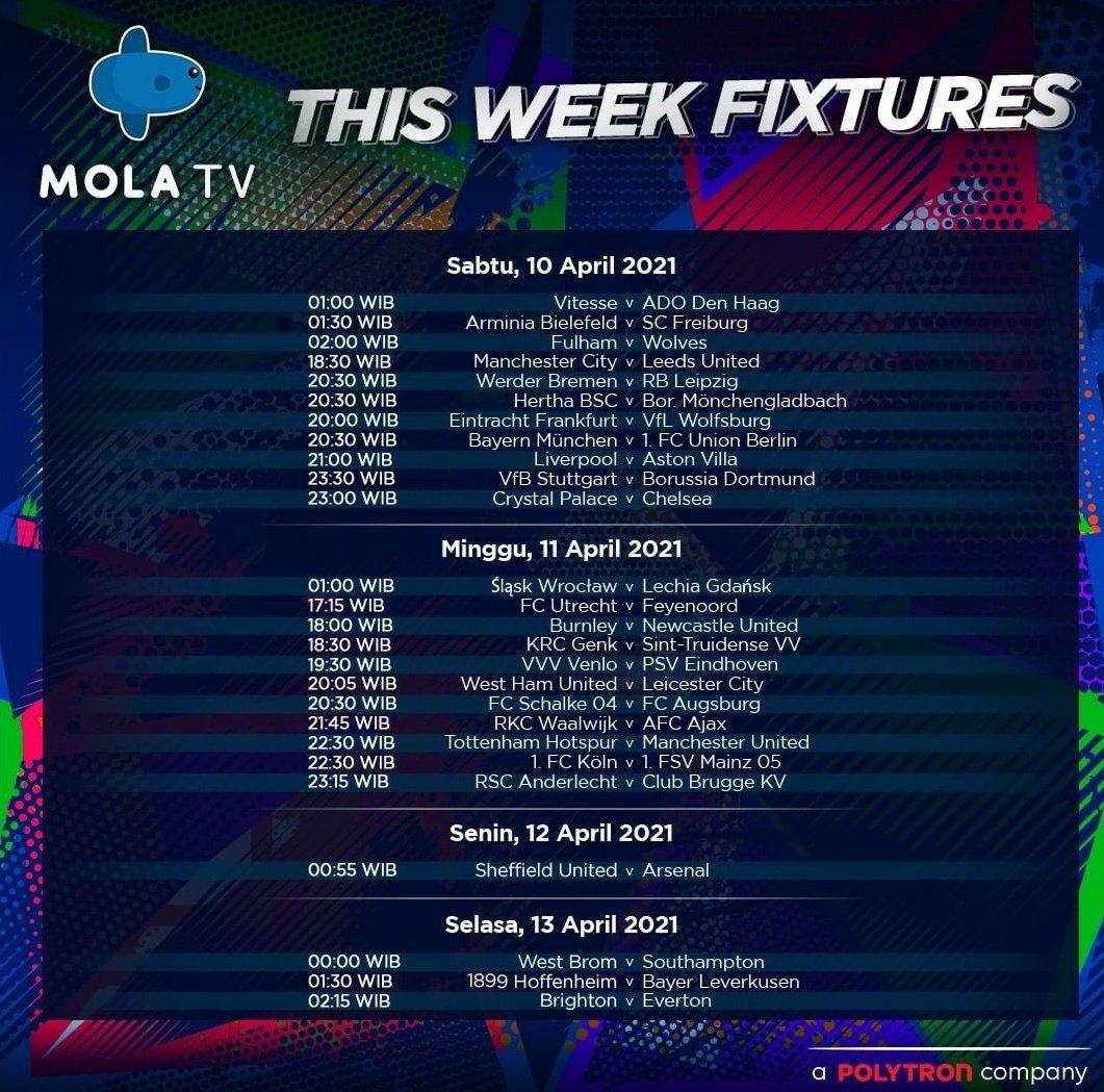 #EPL Pekan ini:
02.00 Fulham vs Wolves
18.30 Man City vs Leeds
21.00 Liverpool vs Aston Villa
23.00 Palace vs Chelsea
18.00 Burnley vs Newcastle
20.05 West Ham vs Leicester
22.30 Tottenham vs Man United
00.55 Sheffield vs Arsenal
00.00 WBA vs Soton
02.15 Brighton vs Everton https://t.co/mikInXDuB8