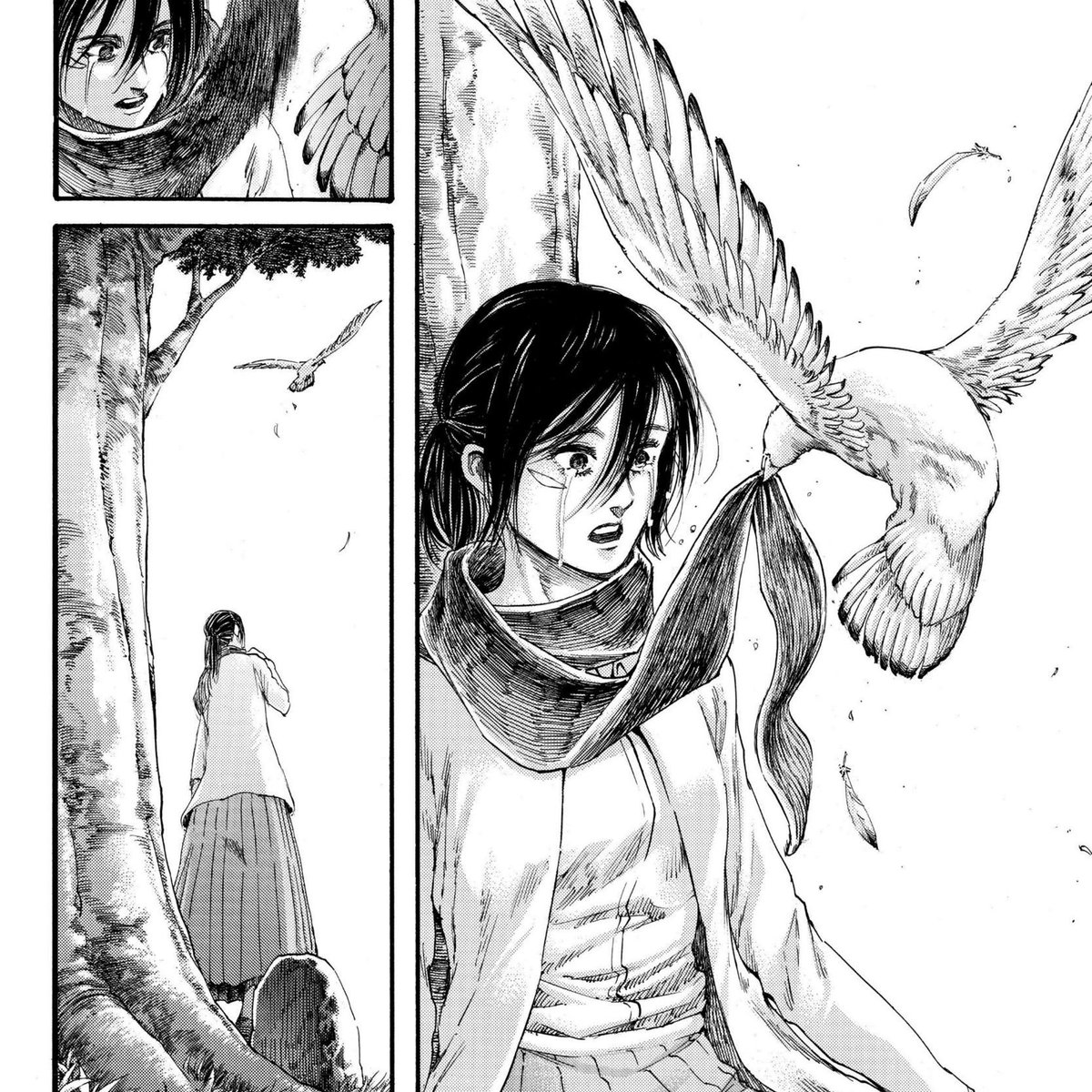 Burung tersebut adalah bentuk perwujudan Eren, bahwa ia akan menepati janjinya. Eren mengatakan ia akan terus meliliti syal itu lagi dan lagi pada Mikasa, dan Eren tetap melakukannya hingga saat ini. Meski raganya tidak bersama Mikasa, ia tetap memenuhi janjinya.  #aot139spoilers