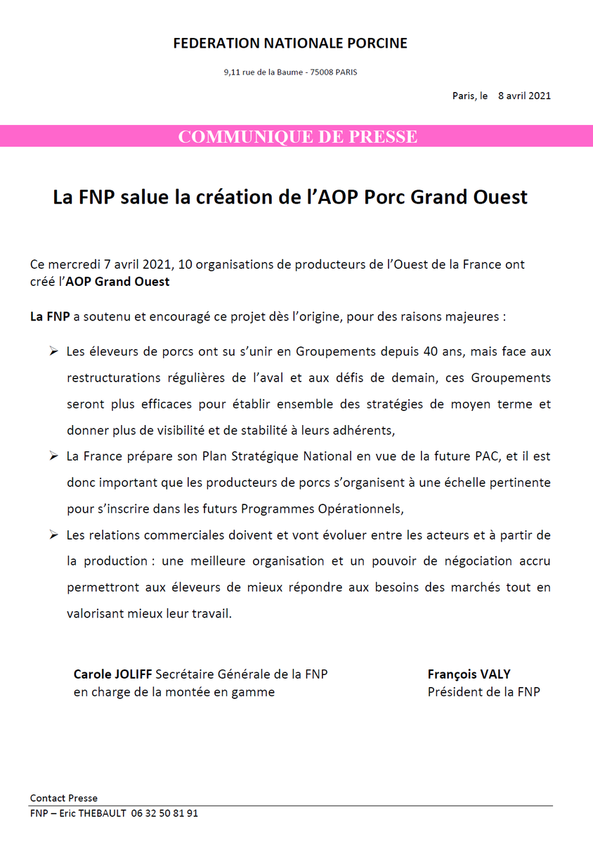 La FNP salue la création de l'AOP Grand Ouest