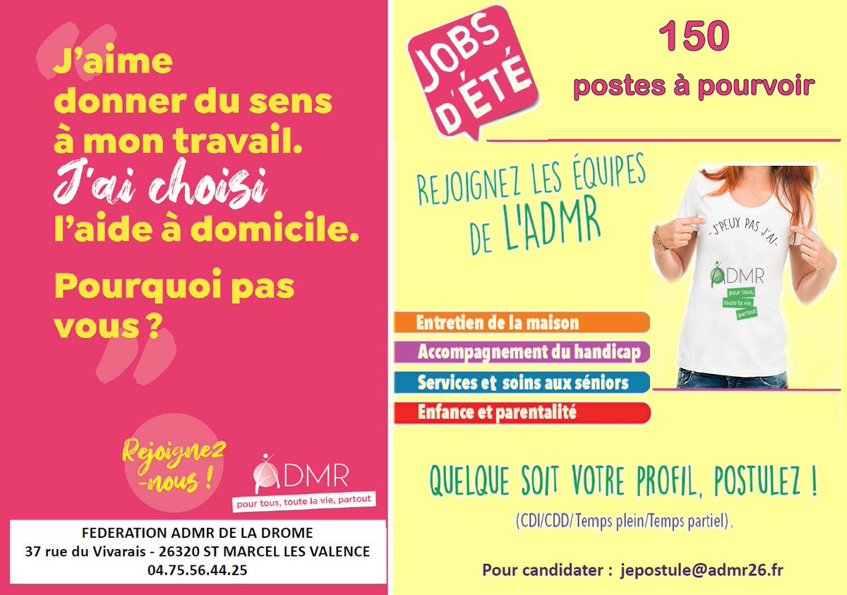 Les associations ADMR de la Drôme sont toujours à la recherche de personnel:
✅ Jobs d'été
✅ CDD / CDI
✅ Temps plein / temps partiel
N'hésitez pas à adresser votre candidature sur jepostule@admr26.fr 
Nous avons certainement un poste fait pour vous!