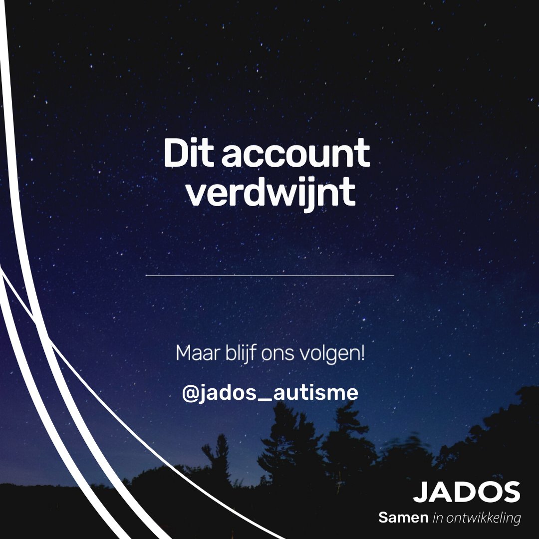 Vanaf nu gaan we ook op Twitter verder onder de naam Jados. 

Wil je alles blijven volgen? Ga dan naar ons Twitter account <a href="/jados_autisme/">Jados</a> waar we je op de hoogte houden van belangrijke informatie en vacatures!