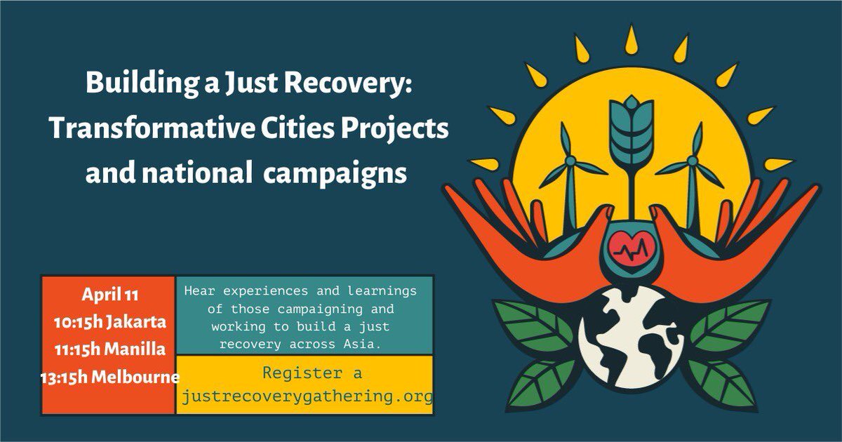 How do we build a Just Recovery?
Hear experiences and learnings of those campaigning and working to build a just recovery across Asia.
Maya Quirino, LRC-FOE Philippines
Mageswari Sangaralingam, SAM-FOE Malaysia
Leigh Ewbank, FOE Australia
Register: justrecoverygathering.org/?source=ptnr.f…