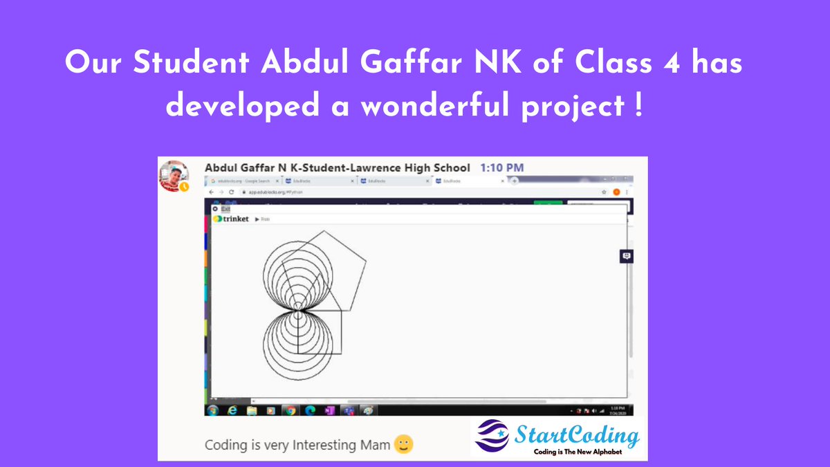startcodingind's tweet image. Abdul Gaffar NK has developed a wonderful project in his Python coding classes. He is studying at Lawrence High School (Class 4) and decided to use what he learned in coding classes and do a small project on his own. 
#startcoding #pythoncodingforkids #fridayvibes #StudentReview