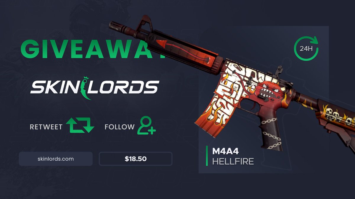 M4A4 Hellfire 🔥 24H Giveaway!

✅ Retweet and Follow
✅ Tag one friend
✅ Visit: SkinLords.com

Rolls in 24 hours! Best of luck! #skinlords #giveaway