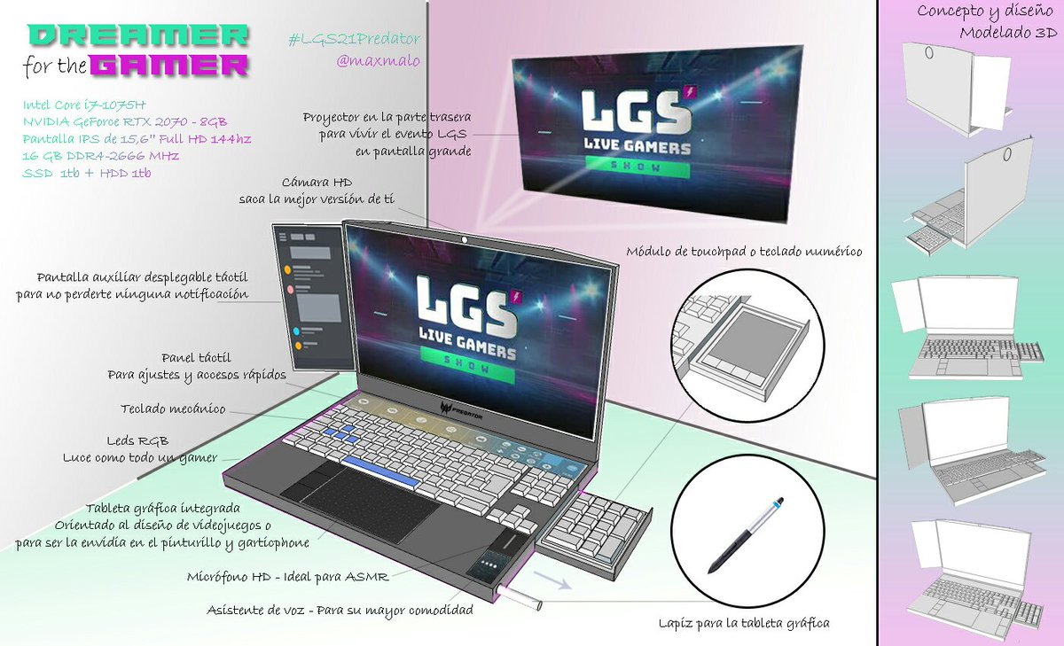 <a href="/livegamersshow/">Live Gamers Show 🎮 #LGS21</a> <a href="/ES_Acer/">Acer España</a> #LGS21Predator Que mejor que estas horas intempestivas para presentar mi diseño: "DREAMER for the GAMER" con el que he querido dar forma al portátil gaming de mis sueños. 😍💻Todas las características y detalles en la imagen: