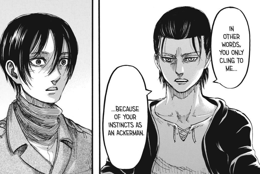 Armin sempat menyinggung bahwa penjelasan Eren akan lebih berguna jika diterangkan kepada Mikasa. Mengingat Eren sudah menyakiti perasaan Mikasa dgn mengatakannya mirip 'budak' dan berbohong soal Ackerbond. Jadi page 1 ini menyorot penyesalan Eren di konferensi meja bundar.