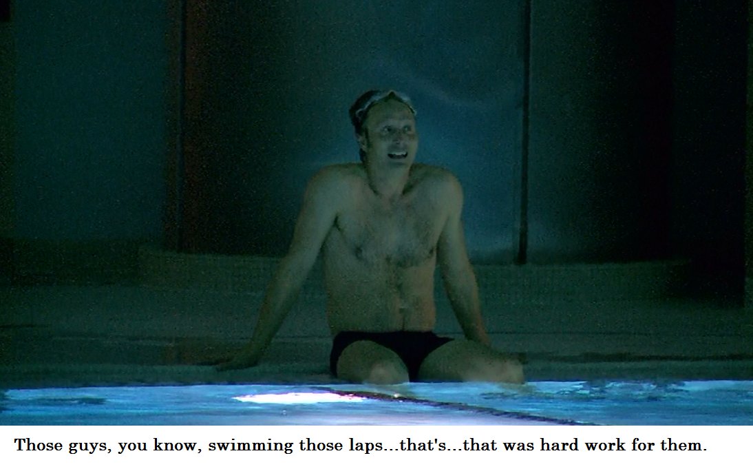 Mads and Jonathan Tucker had to swim the laps multiple times. They normally would have had doubles to help out, so they knew where to put the cameras and such, but both doubles were out sick.  #Hannibal  #HannibalDeservesMore