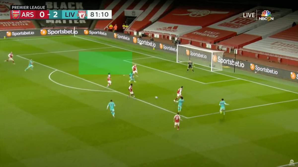 22/The green box represents the space Jota anticipated would be there in the previous frame. Mo plays the ball to Mane, as Jota is crashing into the box from the other side.Jota arrives at his targeted space just as the ball does and he fires a canon into the back of the net.