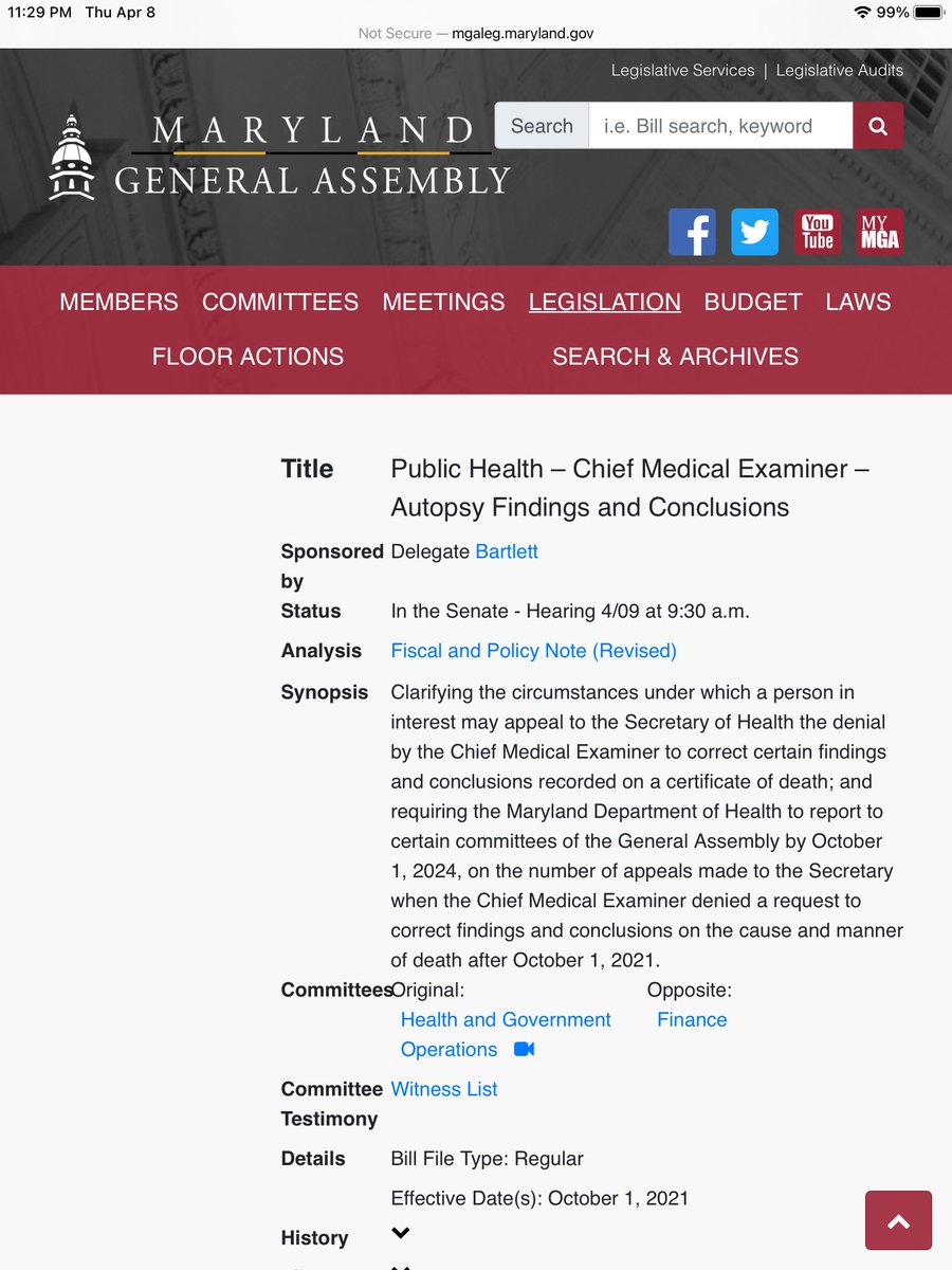 The other bill going before Finance tomorrow is HB 934 from  @DelBartlett32, which would make it easier for people to appeal to Maryland’s Secretary of Health certain findings made on death certificates by the state’s Chief Medical Examiner:  http://mgaleg.maryland.gov/mgawebsite/Legislation/Details/HB0934?ys=2021rs.
