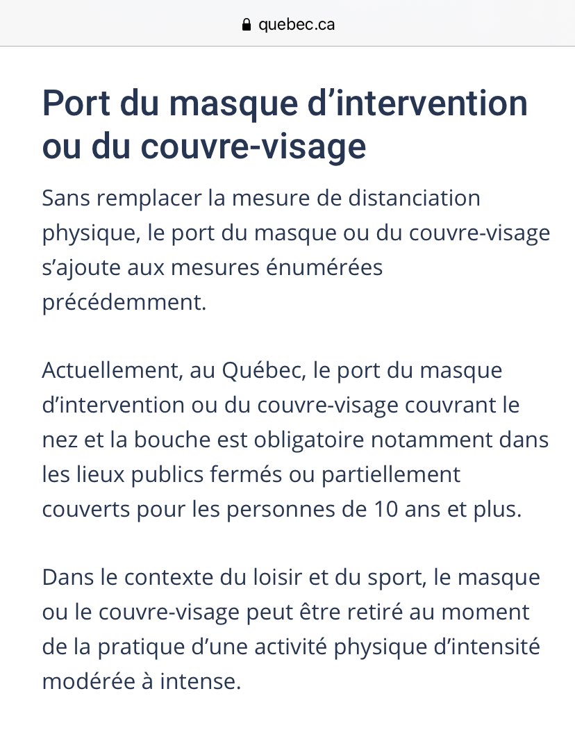 Lots of outrage on this post at the gym owner’s anti-mask stance. I agree, it isn’t safe to be unmasked indoors. So where’s that same energy for the official guidelines that made it perfectly within the rules to take off your mask while exercising? https://www.quebec.ca/en/tourism-and-recreation/sporting-and-outdoor-activities/resumption-outdoor-recreational-sports-leisure-activities