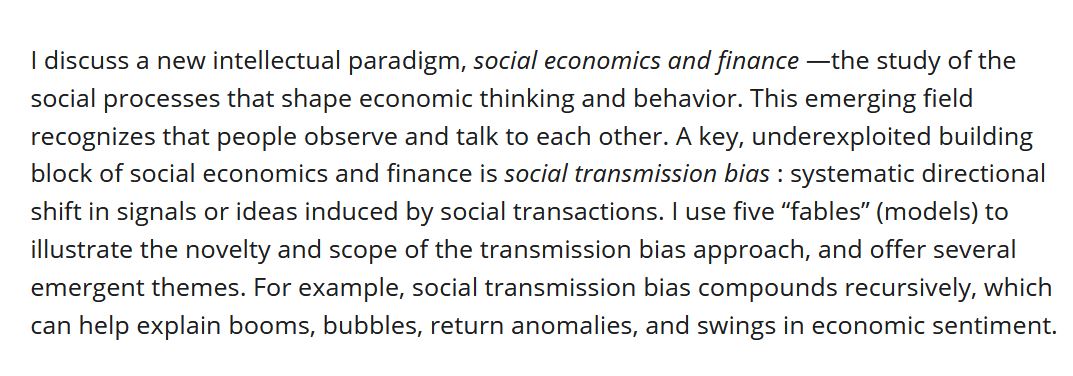 3/ And that in turn, bias in the social transmission of ideas and behaviors is a key intellectual building block for social economics.  https://papers.ssrn.com/sol3/papers.cfm?abstract_id=3550880