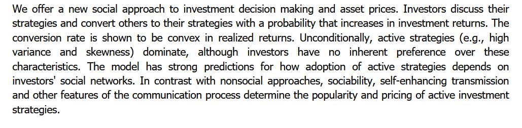 6/ Suppose that people talk about their investment successes more than failures. Then naïve listeners who hear about high returns of others will overestimate the value of high-variance and high skewness trading strategies.   https://ssrn.com/abstract=2663860