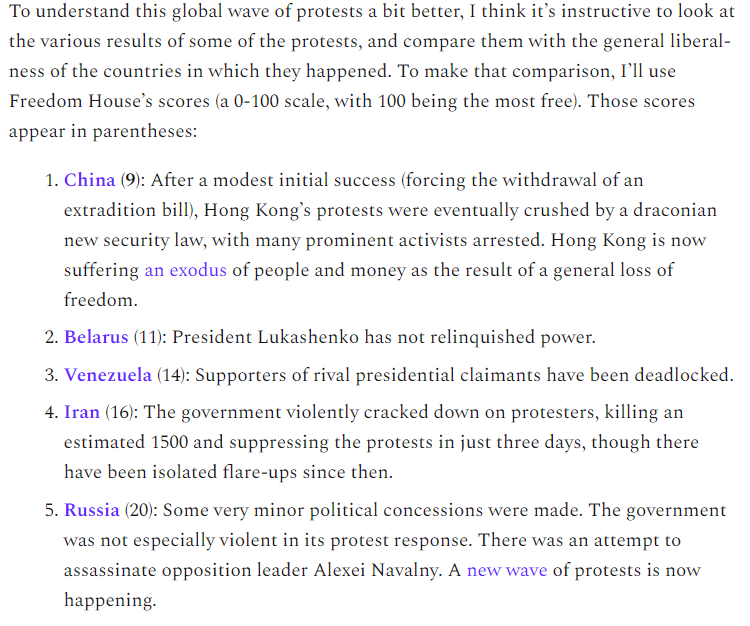 11/In the post I went and took stock of 15 different protest movements, to see how they fared. The more free a country was, the more likely it was to acquiesce to protesters' demands, and the less likely it was to use deadly violence against protesters.