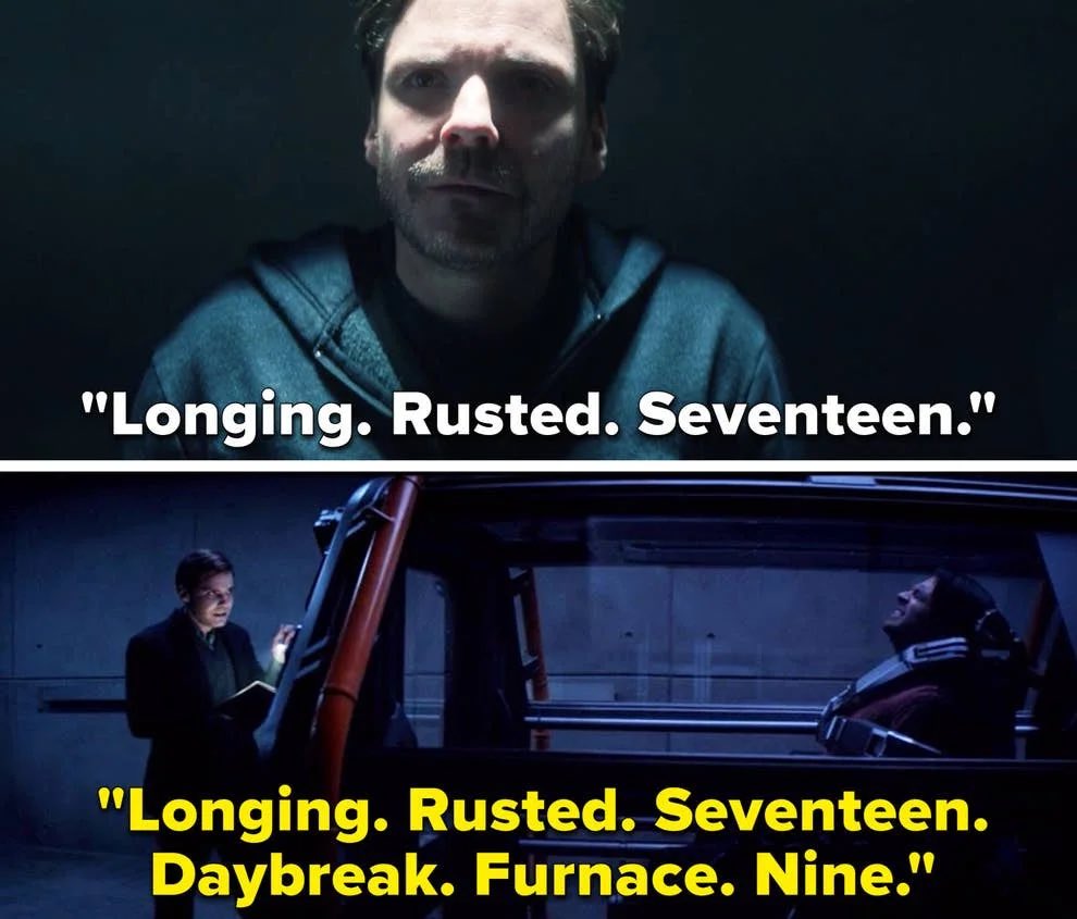 And recites the words “longing” “rusted” and “seventeen” in Russian from the Hydra Winter Soldier Code Book. He used these words Civil War to reactivate Bucky’s HYDRA programming.Of course they no longer work but it’s just the first of many times he pushes Bucky physiologically