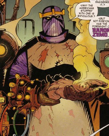 In the comics, Zemo’s father, Heinrich Zemo donned the mask but it became permanently glued to his face after he was burned by Adhesive X. After Heinrich died trying to defeat Captain America, Helmut Zemo began wearing a mask to follow his fathers footsteps & serve as a reminder-