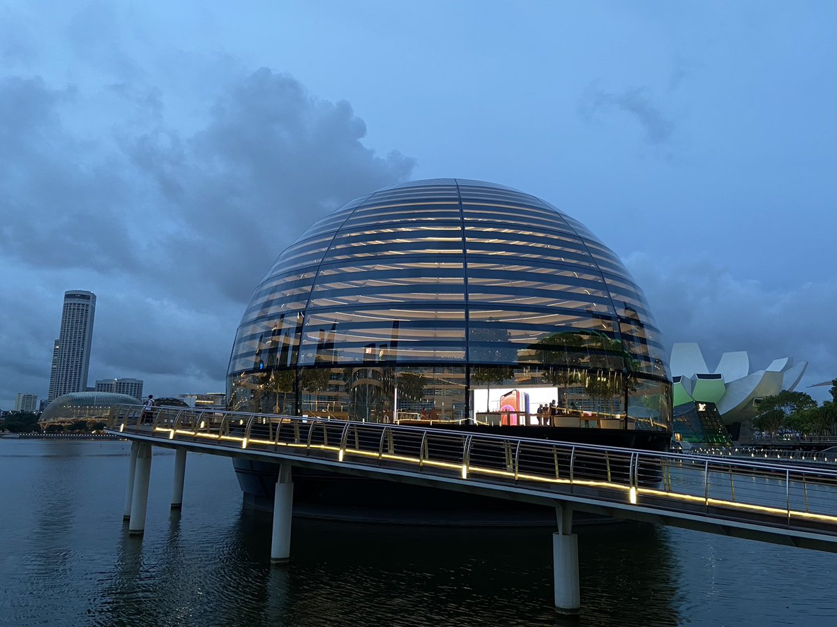 Sunset view of the outside of Apple Marina Bay Sands