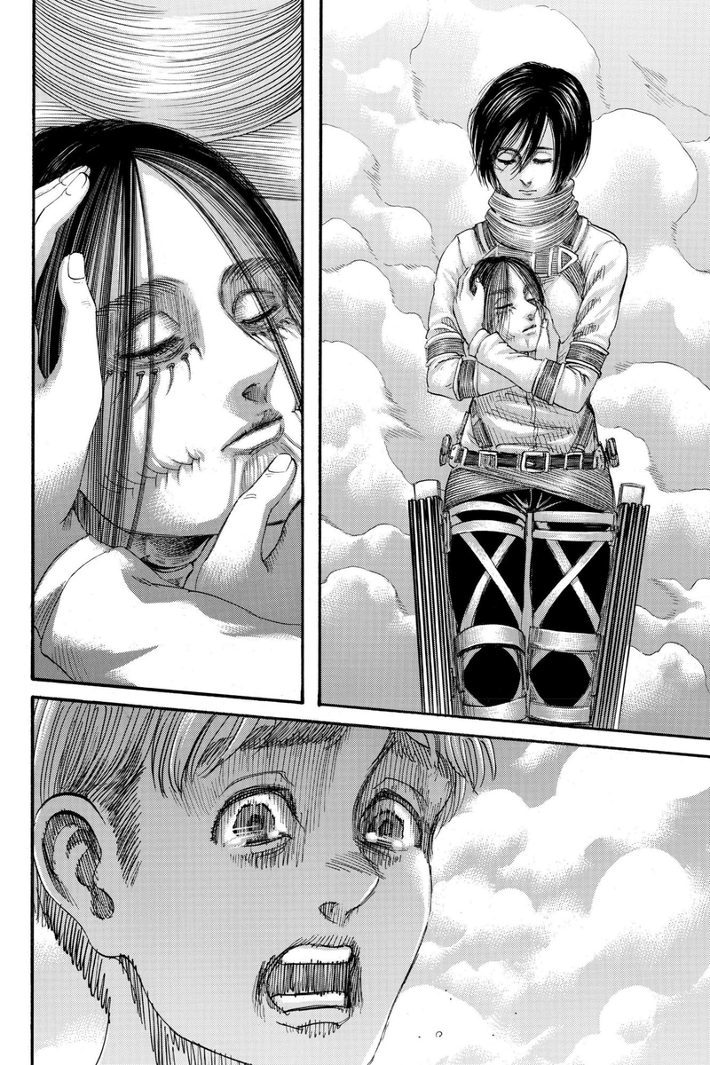 Saat itu juga Armin langsung mengingat semuanya, semua ingatan yg sudah Eren janjikan akan ia perlihatkan kepada Armin jika waktunya sudah tiba. Tampak Mikasa berjalan menghampiri Armin, dan disana ada kepala Eren dan Mikasa terus mendekap kepala pria yg ternyata mencintainya jg.