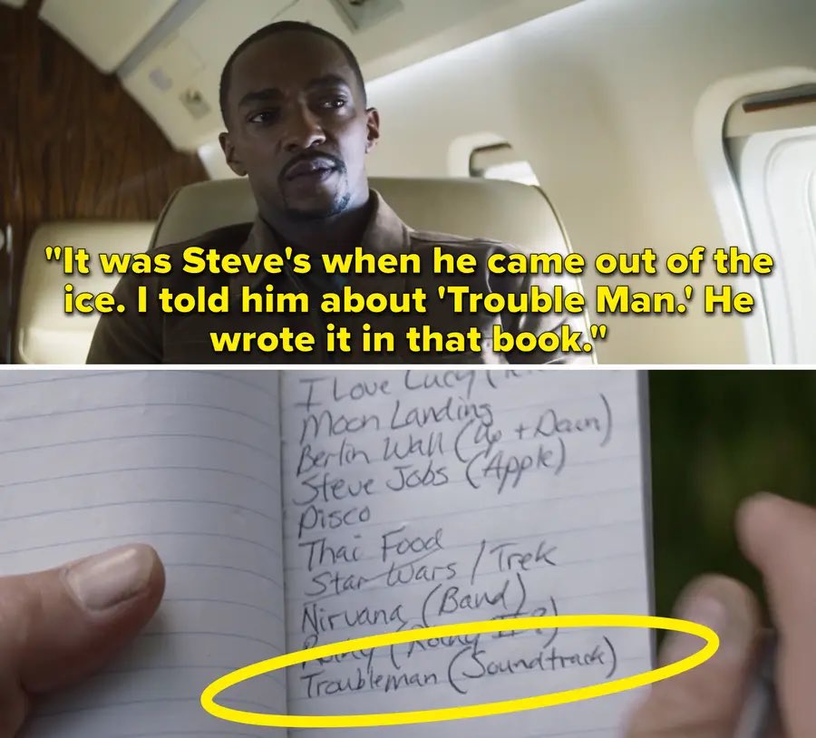 He recalls that he recommended the Troubleman soundtrack to Steve & how Steve adored Marvin Gaye.Bucky reminds everyone he’s an old man and that he likes 40s music.Zemo takes in Sam’s admiration for Steve but asserts the fact that putting Super Soldiers like him on pedestals-