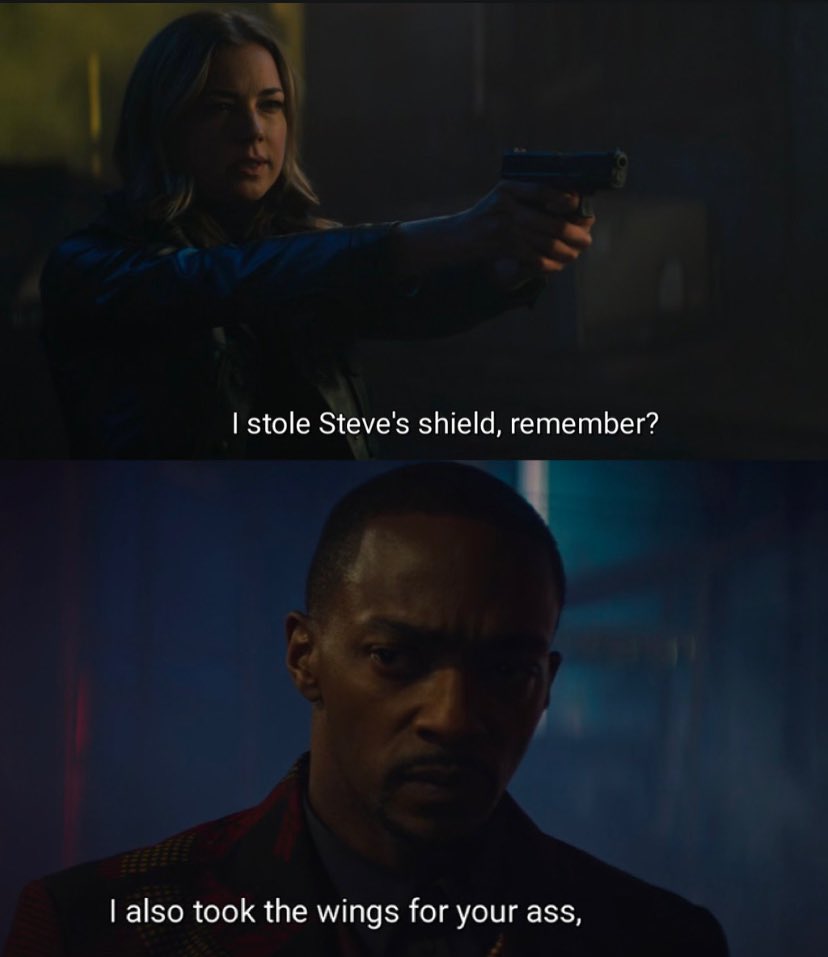 Sam and Bucky are reunited with Sharon Carter (and so are we!) for the first time since Civil War, and while they have received pardons - she is still on the run, something she doesn’t miss an opportunity to tell them. She’s pissed, and rightly so.  https://twitter.com/TheBIoodyCrown/status/1380376728476999684