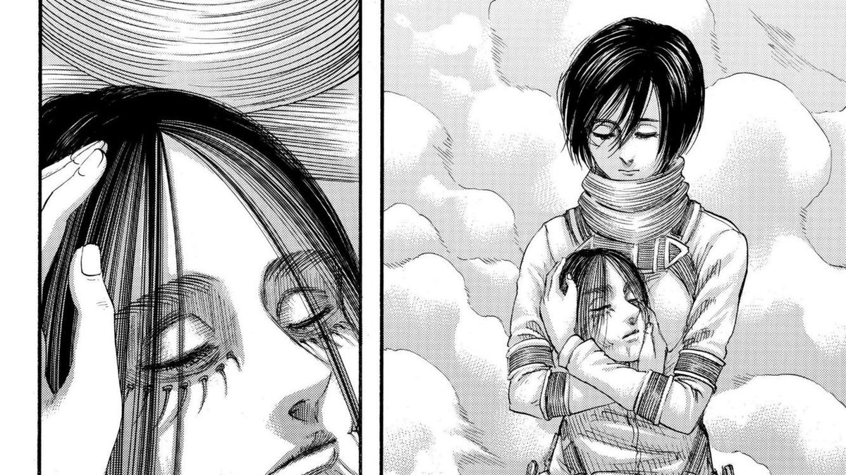 Jika kalian perhatikan ekspresi Mikasa, disini kita bisa melihat bahwa gadis itu tersenyum. Ia tidak menangis, Mikasa seperti sudah merasa cukup, ia bahagia karena Eren jauh lebih mencintainya dibandingkan siapapun. Mikasa bersyukur Eren menyempatkan diri menghabiskan waktu -c-