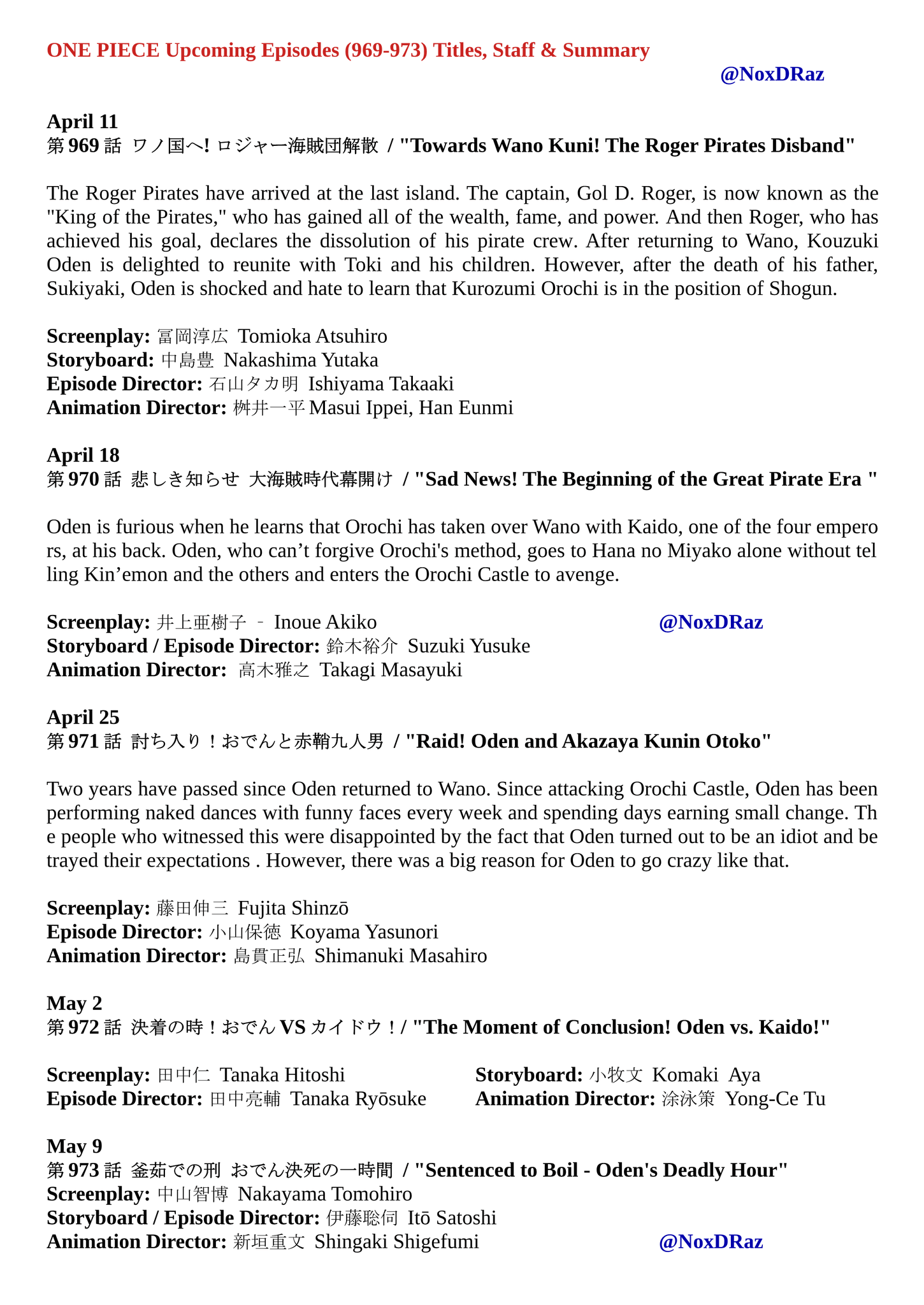 ワノ国 One Piece Upcoming Eps 969 973 Titles Staff Summary