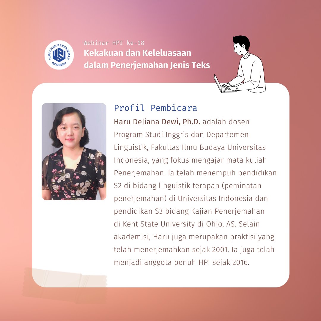 hpipusat's tweet photo. Halo! Ikut Webinar HPI Ke-18, yuk. Tajuknya 'Kekakuan dan Keleluasaan dalam Penerjemahan Jenis Teks', bersama Haru Deliana Dewi. Jangan lewatkan, ya. Kuota terbatas dan GRATIS untuk anggota yang sudah melunasi iuran 2021, lo! #webinarhpi #hpi #penerjemah - https://t.co/R2l7sFh3Fe https://t.co/VlcUMMhOlk
