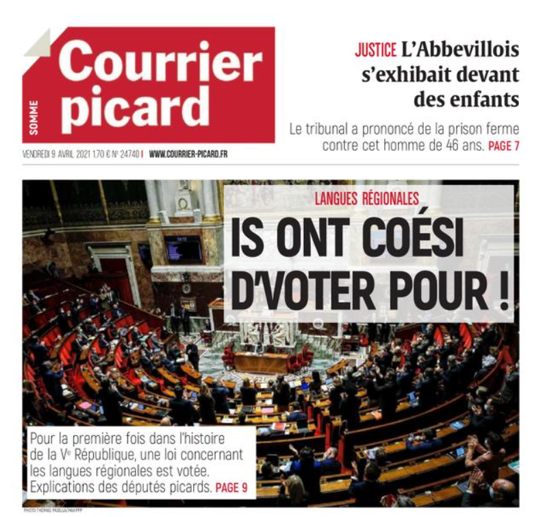 Bekouz's tweet photo. Le @CourrierPicard célèbre à sa une et en patois l'adoption de la proposition de loi sur les langues régionales 👌 https://t.co/pONCiHF69U