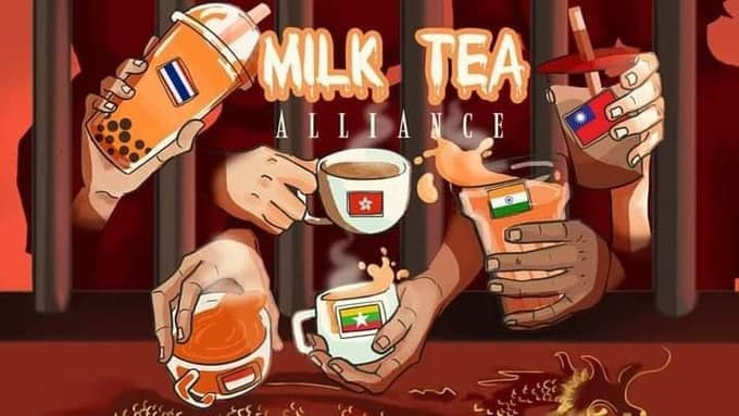 February was when we saw India 're-enter' the  #MilkTeaAlliance   protest art, this time more focused on  #IndianFarmerProtest which started in August 2020 against the government's new laws on agriculture. The protests are still ongoing.  @MilkTea_India Source: TG (Feb 2020)