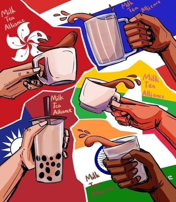 February was when we saw India 're-enter' the  #MilkTeaAlliance   protest art, this time more focused on  #IndianFarmerProtest which started in August 2020 against the government's new laws on agriculture. The protests are still ongoing.  @MilkTea_India Source: TG (Feb 2020)