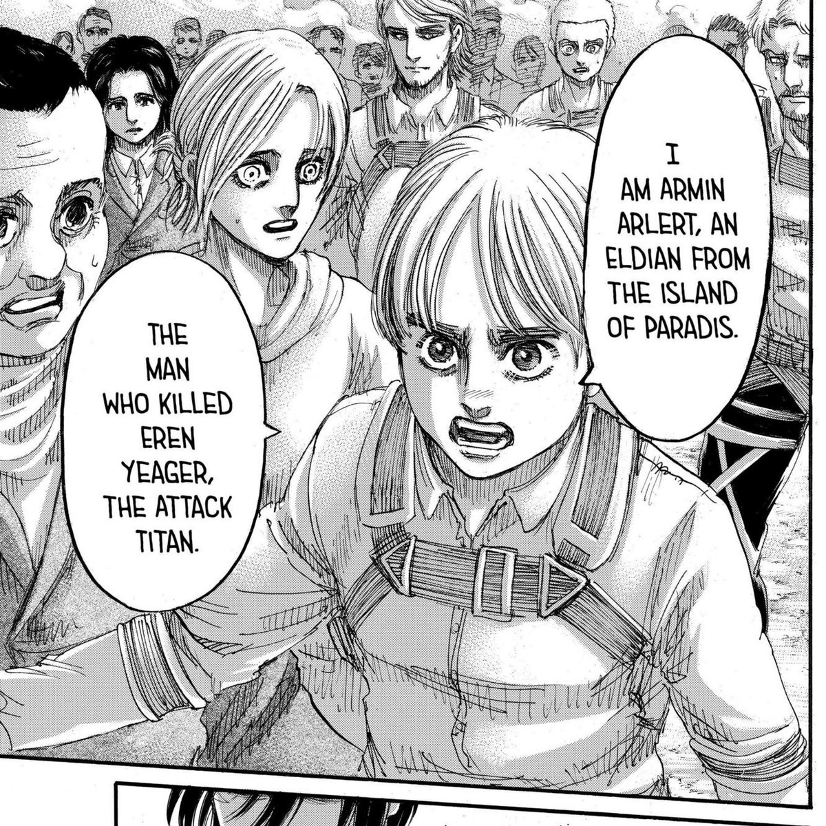 Dengan lantang Armin menyatakan dirinya bahwa ia adalah pembunuh Eren Yeager. Ditangan Armin lah Eren meninggal, meski kita tau bahwa faktanya Eren meninggal di tangan Mikasa. Namun seperti yg sudah kita bahwa diawal, Armin memainkan perannya.  #aot139spoilers