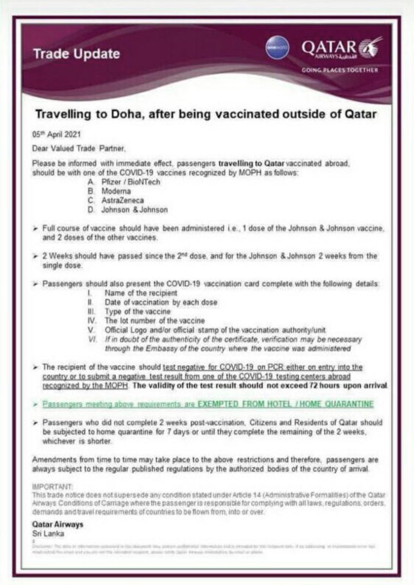 Somebody just posted this from Qatar Airways. I can’t see that situation lasting for long. There’s no way they are going to want to miss out on all the business from those who’ve received Chinese or Russian vaccines.