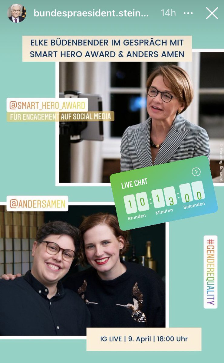 andersamen's tweet photo. Der (ACHTUNG!) #Bundespräsident hat uns bei #INSTA in seiner Story erwähnt! 😱 Wir gehen da heute mit seiner Frau Elke Büdenbender live... Guckt doch gerne vorbei! 👇🏻#smarthero #uiuiui @ChefSteinmeier https://t.co/0qme1DcrQv