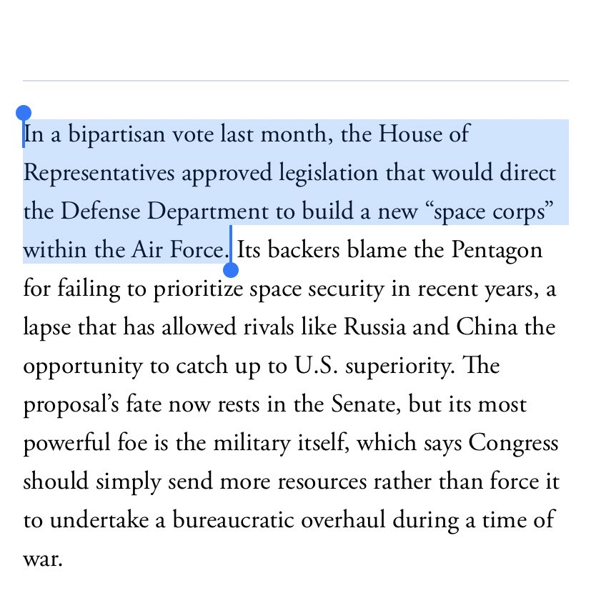 Indeed when the idea of creating a separate space military branch was floated in 2017, the Trump admin didn’t even support the idea  https://www.theatlantic.com/politics/archive/2017/08/military-space-corps/536124/