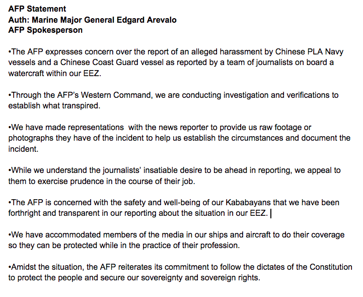 jairojourno's tweet photo. READ: AFP's statement on the Chinese ships' harassment of ABS-CBN team in WPS.

AFP appeals to journalists to exercise prudence in the course of the job. 

Notably, the news team conducted the news gathering WITHIN our own waters where we have sovereign rights.

@rapplerdotcom https://t.co/vZoXq49jI6