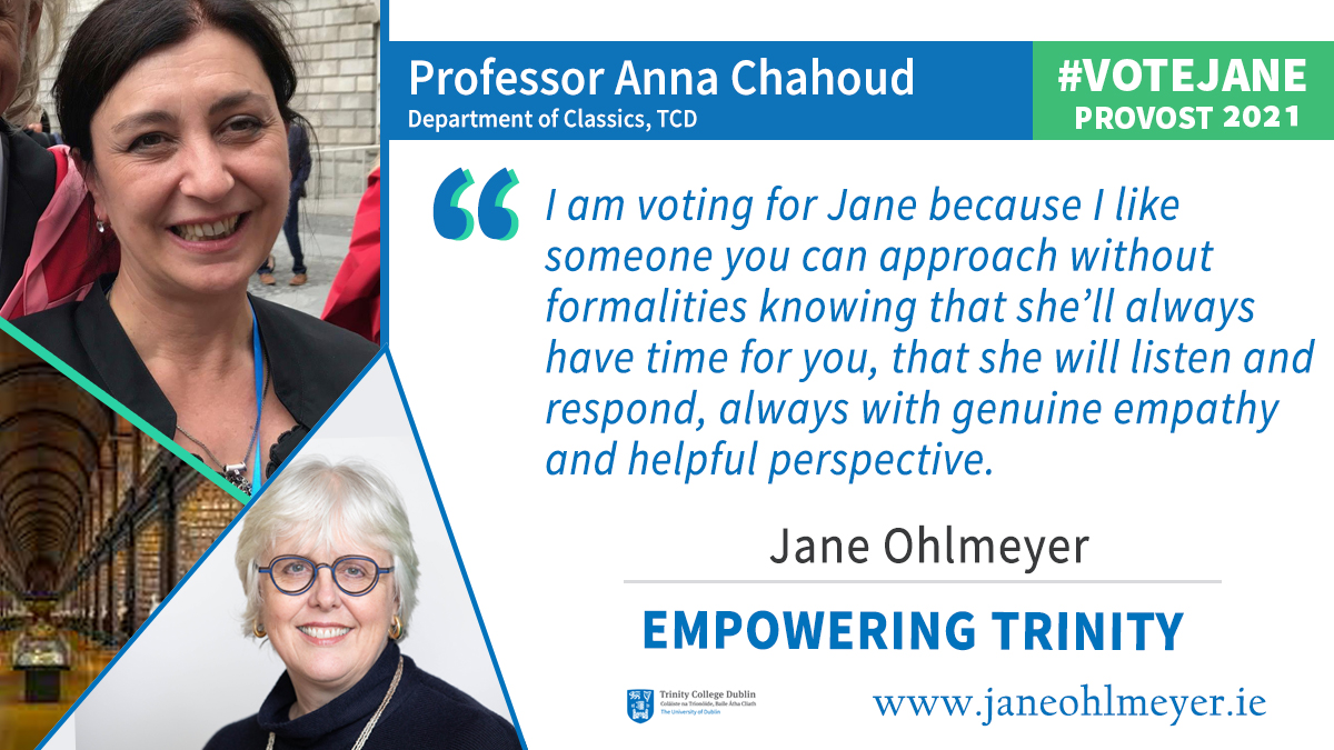 (2/17) Firstly, a Provost must have support from their own parish. I am honoured to have the support of so many colleagues across the AHSS. I've been lucky to work with them in many roles, inc. founding Head of School & Director  @TLRHub  #TCDProvost2021  #VoteJane