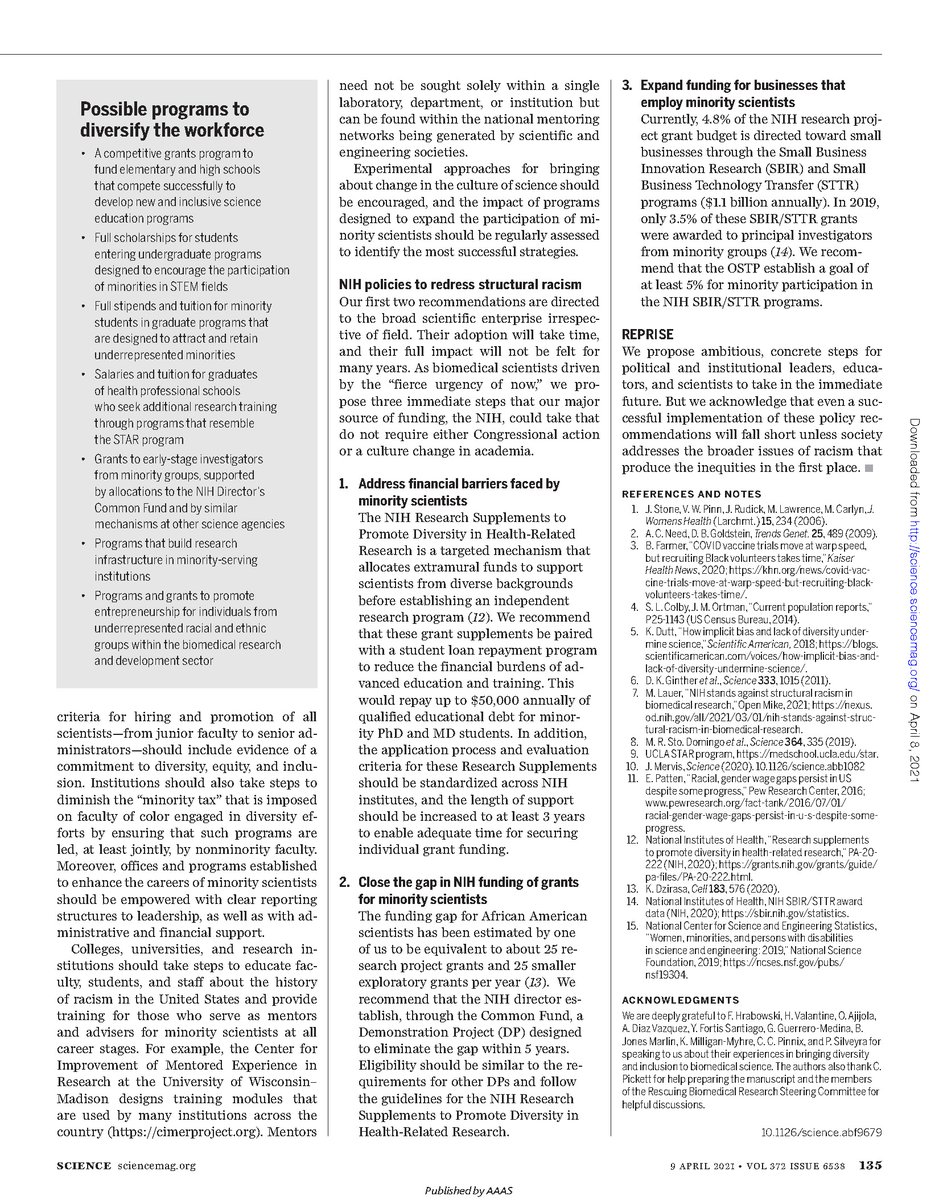 jesswade's tweet photo. "Several programs have aimed to increase the inclusion of minorities in science. Although well-meaning, many of these have been either ineffective or not conducted at an adequate scale. We urgently need more + bolder efforts." Varmus et al @ScienceMagazine https://t.co/drwlYlE1Zj https://t.co/jpw80sVBhB