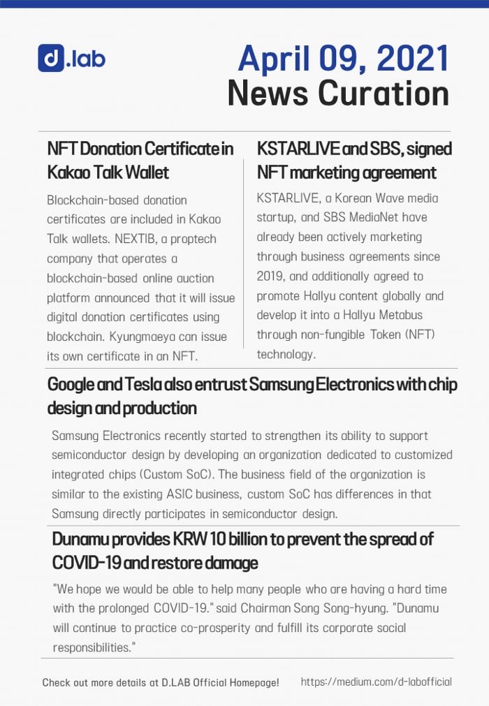 ✅April 9, 2021, D.LAB #Crypto #News Curation in #Korea🇰🇷

Let's check out the link below for the details!🙋🏻‍♀️💡
medium.com/d-labofficial/…
#Google #Tesla #Samsung #Kakao #Blockcahin #cryptocurrency #DeFi #NFT #Bitcoin #BTC