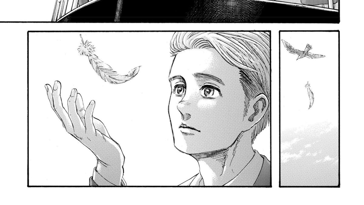Seperti yg kita ketahui, Eren disebut-sebut 'bereinkarnasi' menjadi seekor burung. Namun aku pribadi ingin mengatakan bawah burung ini hanya simbolis, seperti Eren mengirimkan mereka dari sana untuk menyampaikan pesan kepada Armin dan Mikasa. Bahwa Eren selalu melihat mereka.