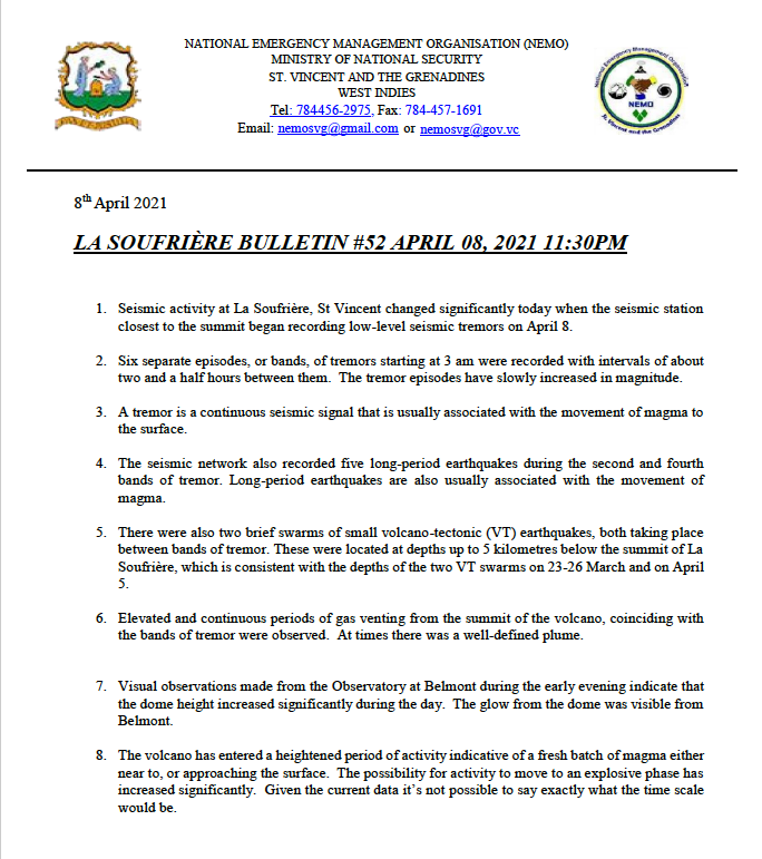 uwiseismic's tweet photo. Update #52 from @NEMOSVG on the ongoing eruption of La Soufriere volcano in #StVincent. #uwiseismic #uwi #svg #lasoufriere https://t.co/I6m0YEo0zZ