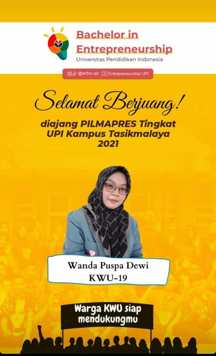 Hai youngpreneur 👋

Yuk dukung teman kita Wanda Puspa Dewi-Kewirausahaan 19 dalam ajang Pemilihan Mahasiswa Berprestasi tingkat UPI Kampus Tasikmalaya 2021✨🌼

#pilmapres