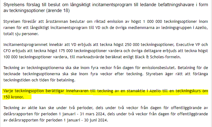 TureMasing's tweet photo. Ledningen i Azelio får köpa nya aktier för bara 150 kr/st. Hurra! https://t.co/q6iCphFEnQ