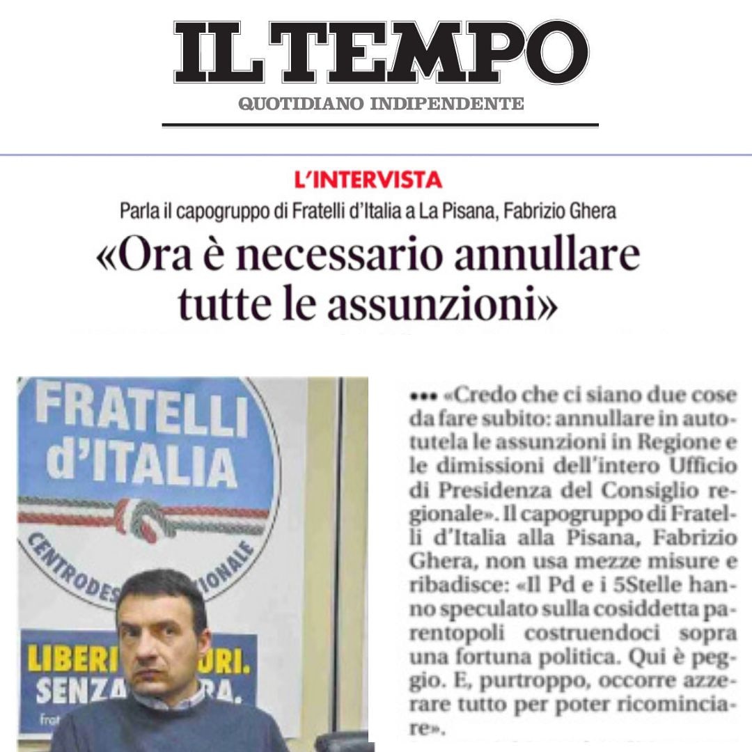 La mia intervista oggi su Il Tempo. 
🗣🗣🗣 È necessario procedere all’annullamento degli atti in autotutela e al rinnovo di tutto l'ufficio di presidenza, in un momento di crisi economica per il Paese non si può permettere che vi siano questi sospetti sulle assunzioni.