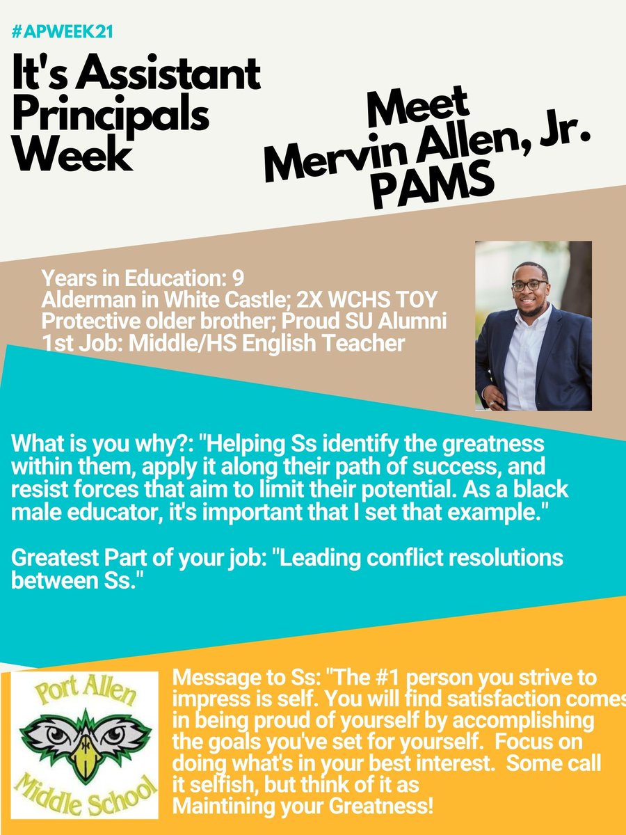 CoachMyU's tweet photo. It's #APWeek21.  Meet Mervin Allen, Jr. of PAMS. 
"He exemplifies all that he does. His actions always speak louder than his words. PAMS is a better place because of his leadership." JMajor.  @WBRSchools @PortAllenMiddle @ThenTheres_Merv https://t.co/24FfwFL5D5